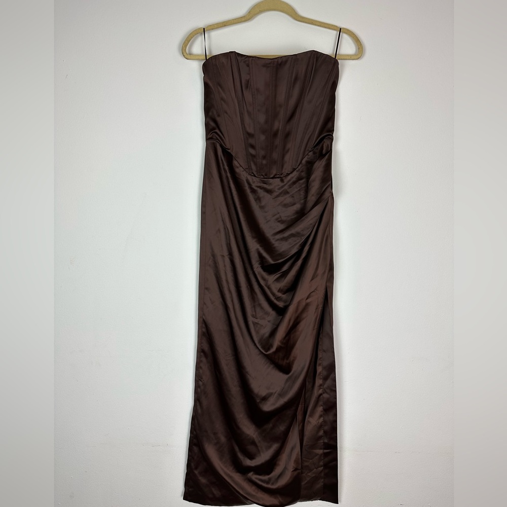 Bardot Everlasting Satin Midi-Dress Brown Size 8